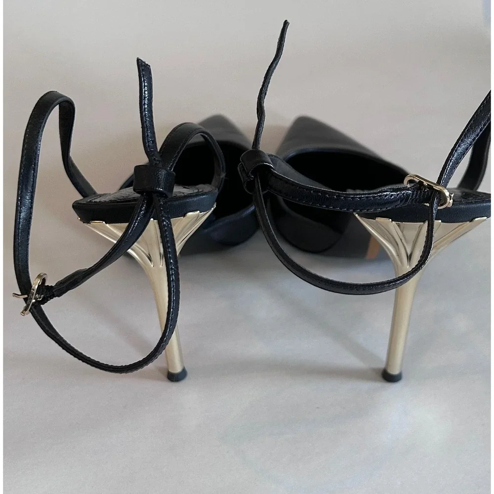 Sam Edelman Womens Black Leather Pointed Toe Slingback Gold Stiletto Heels 9.5